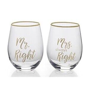 Mikasa Set Of 2 Stemless Wine Glasses 18oz Mr. Right & Mrs. Always Right